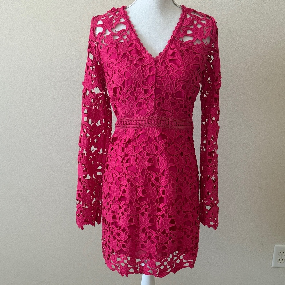 Endless Rose Vibrant Pink Lace Long Sleeve Dress